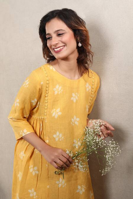 Shop_Falguni.Foram_Yellow Beads, Zari Round Neck Leaf Print Gathered Kurta And Pant Set_Online_at_Aza_Fashions