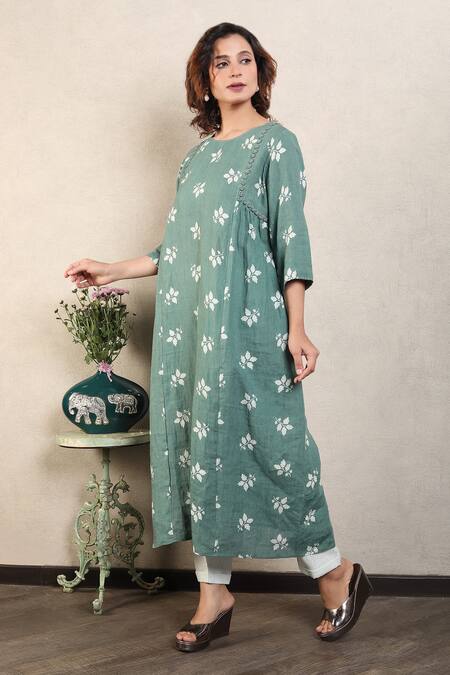 Falguni.Foram_Blue Gauze Linen Printed And Hand Side Gathered Kurta & Pant Set  _Online_at_Aza_Fashions