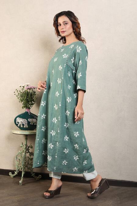 Buy_Falguni.Foram_Blue Gauze Linen Printed And Hand Side Gathered Kurta & Pant Set  _Online_at_Aza_Fashions