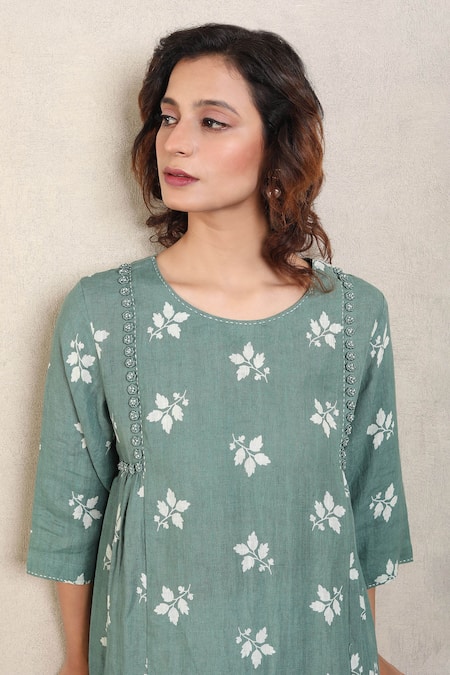 Shop_Falguni.Foram_Blue Gauze Linen Printed And Hand Side Gathered Kurta & Pant Set  _Online_at_Aza_Fashions