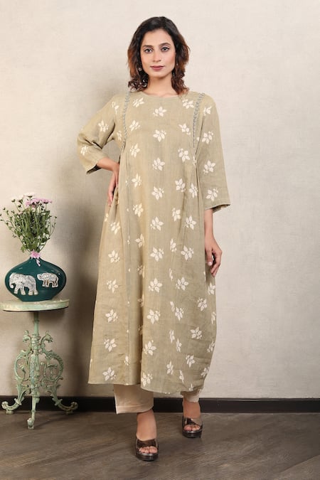 Falguni.Foram_Beige Gabardine, Linen Beads, Zari Round Neck Leaf Print Kurta And Pant Set _Online_at_Aza_Fashions