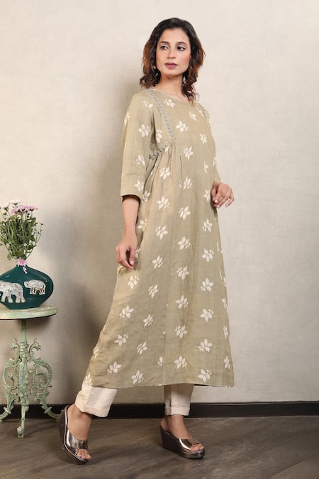 Buy_Falguni.Foram_Beige Gabardine, Linen Beads, Zari Round Neck Leaf Print Kurta And Pant Set _Online_at_Aza_Fashions