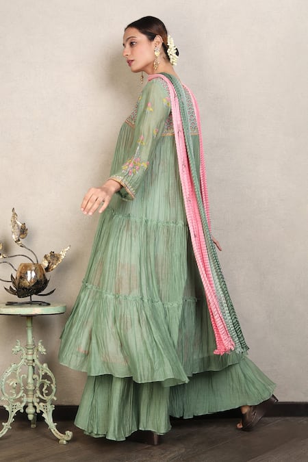 Falguni.Foram_Green Kurta And Sharara Silk Chanderi Embroidery Thread V Neck Tiered Set _Online_at_Aza_Fashions
