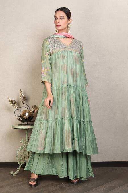 Buy_Falguni.Foram_Green Kurta And Sharara Silk Chanderi Embroidery Thread V Neck Tiered Set _Online_at_Aza_Fashions