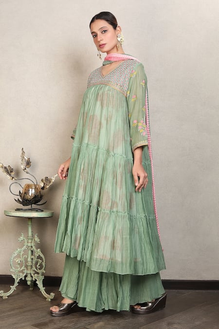 Shop_Falguni.Foram_Green Kurta And Sharara Silk Chanderi Embroidery Thread V Neck Tiered Set _Online_at_Aza_Fashions