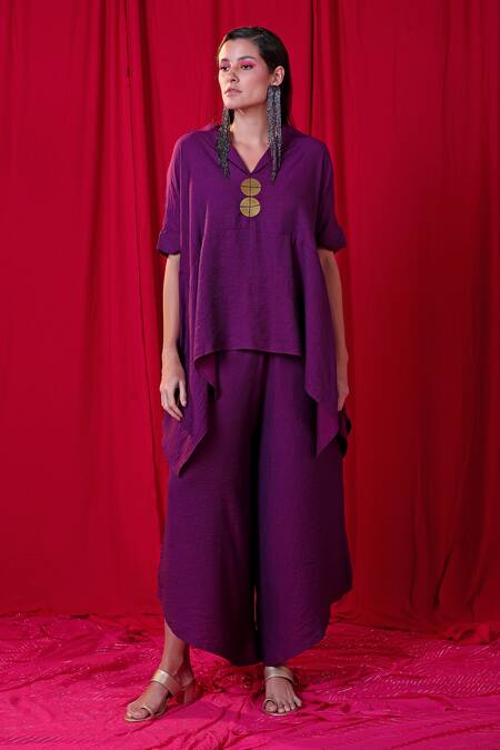 Enech_Purple Handloom Cotton Handkerchief Hem Top And Palazzo Set  _Online_at_Aza_Fashions