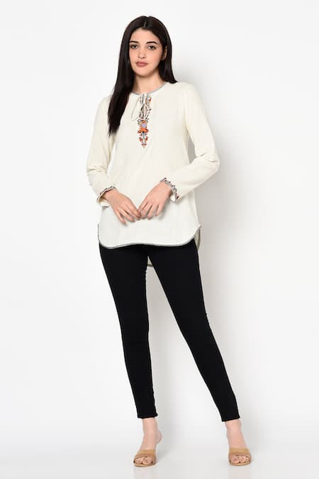 Nikasha_White Cotton Round Embroidered Top _Online_at_Aza_Fashions