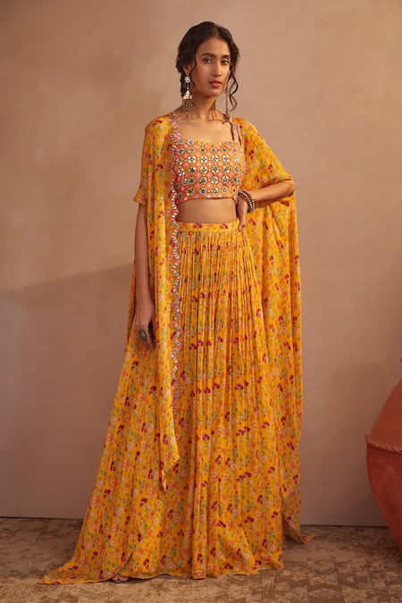 Aneesh Agarwaal Floral Print Cape Lehenga Set 