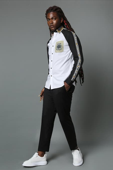 House Of Three_White Cotton Poplin Puli Raglan Colorblock Shirt _Online_at_Aza_Fashions