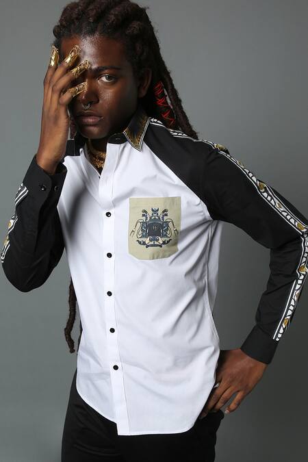 Shop_House Of Three_White Cotton Poplin Puli Raglan Colorblock Shirt _Online_at_Aza_Fashions