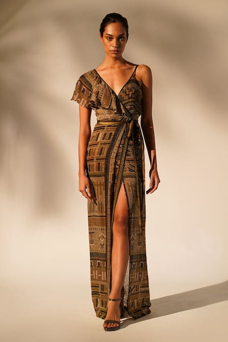 Nikita Mhaisalkar_Green Georgette Sequins V-neck Aztec Print Drape Gown _Online_at_Aza_Fashions