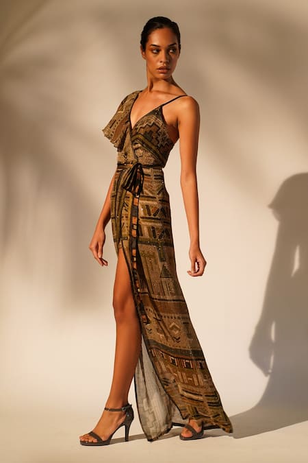 Buy_Nikita Mhaisalkar_Green Georgette Sequins V-neck Aztec Print Drape Gown _Online_at_Aza_Fashions
