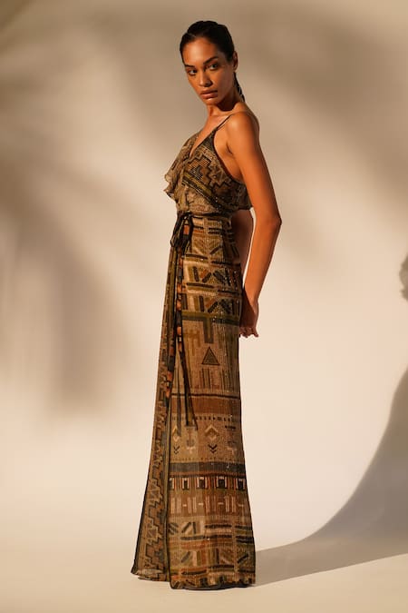 Shop_Nikita Mhaisalkar_Green Georgette Sequins V-neck Aztec Print Drape Gown _Online_at_Aza_Fashions