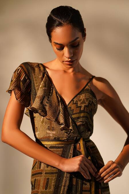 Nikita Mhaisalkar_Green Georgette Sequins V-neck Aztec Print Drape Gown _at_Aza_Fashions