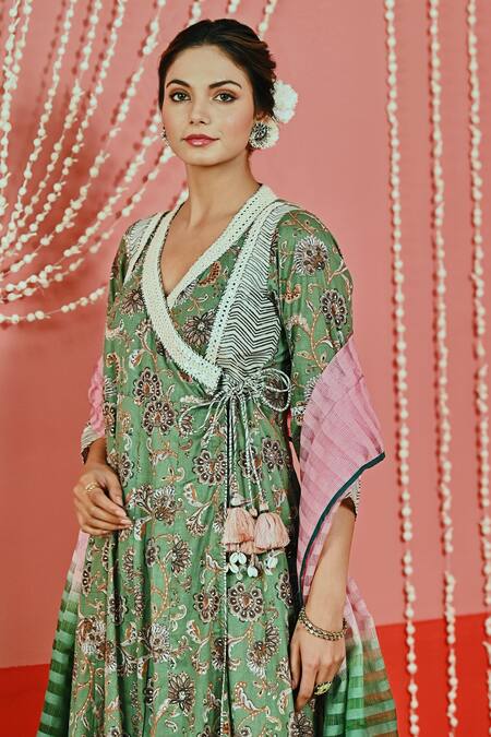 Shop Myaara Green Cotton, Organza Embroidery, Mirrors V-neck Floral Print Anarkali Set Online at Aza Fashions Shop_Myaara_Green Cotton, Organza Embroidery, Mirrors V-neck Floral Print Anarkali Set _Online_at_Aza_Fashions