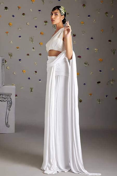 Gauri Dhawan_White Chiffon, Modal Asymmetric Pre-draped Saree Gown_Online_at_Aza_Fashions