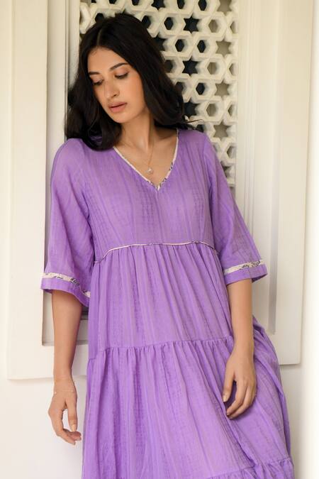 Taro_Purple Handwoven Cotton V Neck Dress _Online_at_Aza_Fashions