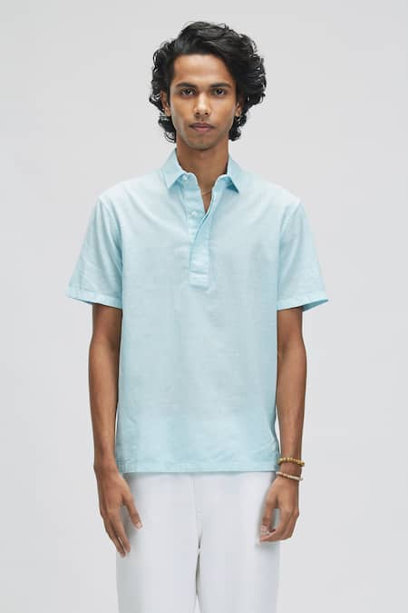 Terra Luna_Blue Organic Handloom Cotton Plain Aruba Collared T-shirt_Online_at_Aza_Fashions