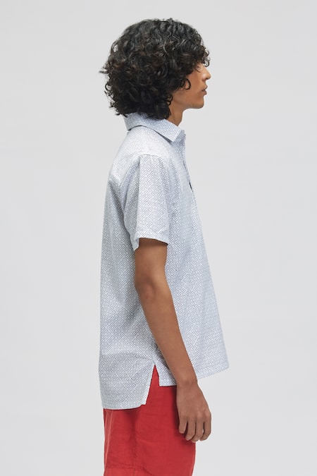 Terra Luna_White Organic Handloom Cotton Geometric Aruba Print T-shirt_Online_at_Aza_Fashions