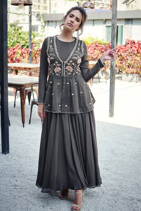 Suruchi Parakh Black Tussar Silk, Georgette Crepe Floral Embroidered Jacket And Anarkali Set