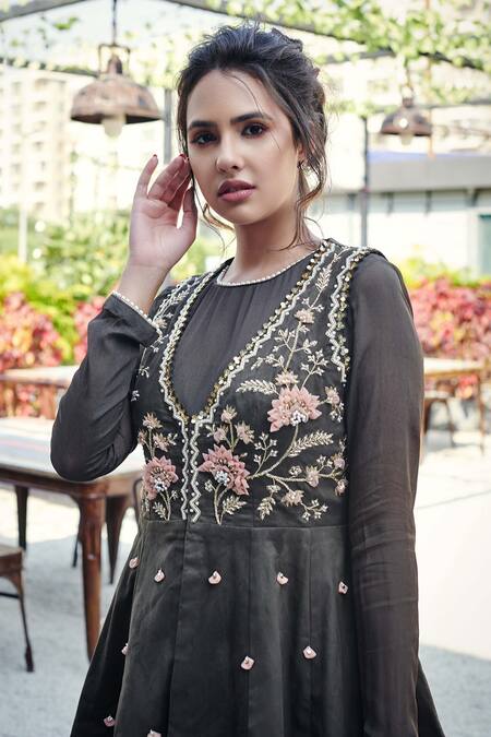 Suruchi Parakh Black Tussar Silk, Georgette Crepe Floral Embroidered Jacket And Anarkali Set Online at Aza Fashions Suruchi Parakh_Black Tussar Silk, Georgette Crepe Floral Embroidered Jacket And Anarkali Set_Online_at_Aza_Fashions
