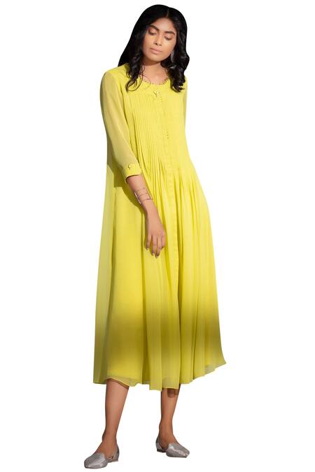 Shop_Ampm_Yellow Pintuck Flared Tunic_Online_at_Aza_Fashions
