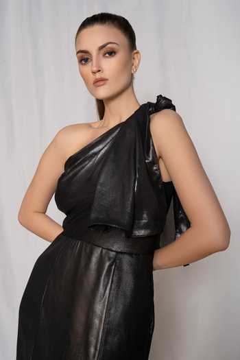 Amrta By Guneet Kondal_Black Polyester, Viscose Asymmetric One Shoulder Midi Dress_Online_at_Aza_Fashions