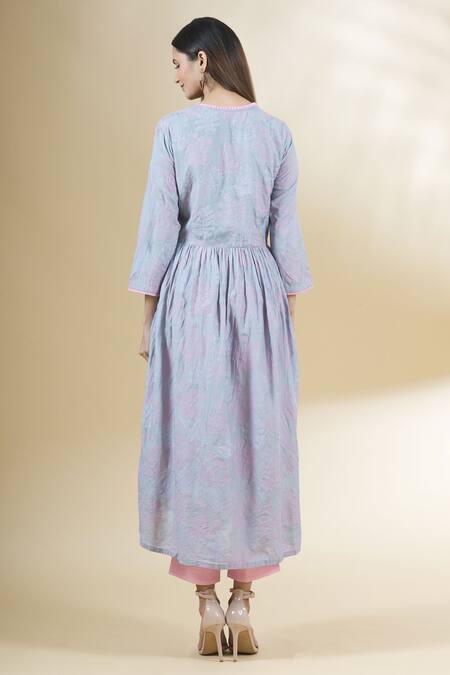 Shop Samyukta Singhania Blue Muslin, Polyester Beads V-neck Printed Kurta And Pant Set at Aza Fashions Shop_Samyukta Singhania_Blue Muslin, Polyester Beads V-neck Printed Kurta And Pant Set_at_Aza_Fashions