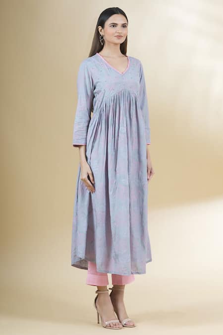 Samyukta Singhania Blue Muslin, Polyester Beads V-neck Printed Kurta And Pant Set Online at Aza Fashions Samyukta Singhania_Blue Muslin, Polyester Beads V-neck Printed Kurta And Pant Set_Online_at_Aza_Fashions