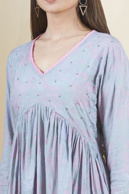 Samyukta Singhania Blue Muslin, Polyester Beads V-neck Printed Kurta And Pant Set at Aza Fashions Samyukta Singhania_Blue Muslin, Polyester Beads V-neck Printed Kurta And Pant Set_at_Aza_Fashions