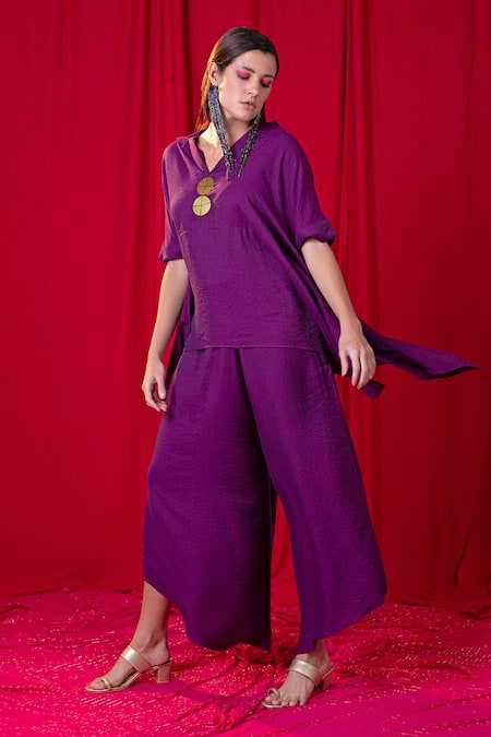Enech_Purple Handloom Cotton Handkerchief Hem Top And Palazzo Set  _at_Aza_Fashions