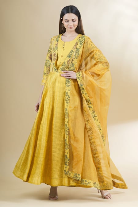 Buy_Samyukta Singhania_Yellow Chanderi, Organza Sequins, Zari Round Printed Anarkali Set With Dupatta_Online_at_Aza_Fashions