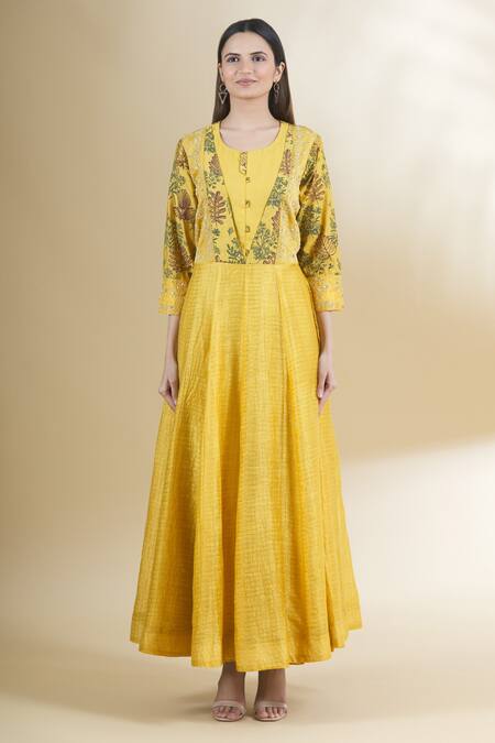 Shop_Samyukta Singhania_Yellow Chanderi, Organza Sequins, Zari Round Printed Anarkali Set With Dupatta_Online_at_Aza_Fashions