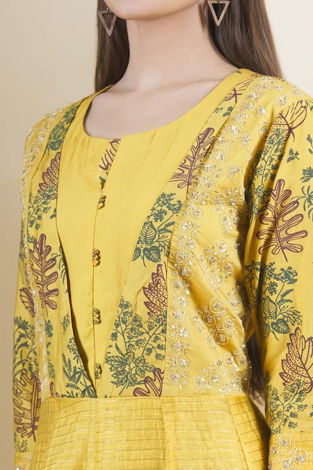 Samyukta Singhania_Yellow Chanderi, Organza Sequins, Zari Round Printed Anarkali Set With Dupatta_at_Aza_Fashions