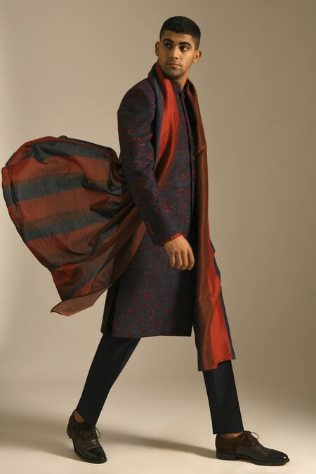 Dhruv Vaish_Blue Cotton Silk Chanderi Stole _Online_at_Aza_Fashions
