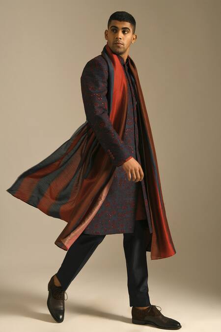 Shop_Dhruv Vaish_Blue Cotton Silk Chanderi Stole _at_Aza_Fashions