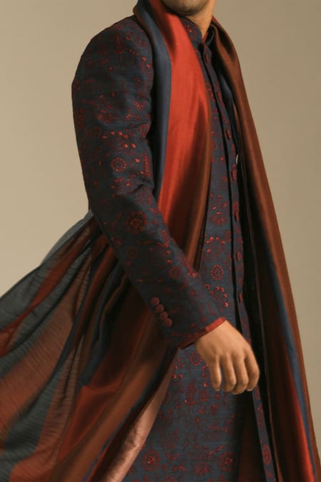 Buy_Dhruv Vaish_Blue Cotton Silk Chanderi Stole _Online_at_Aza_Fashions