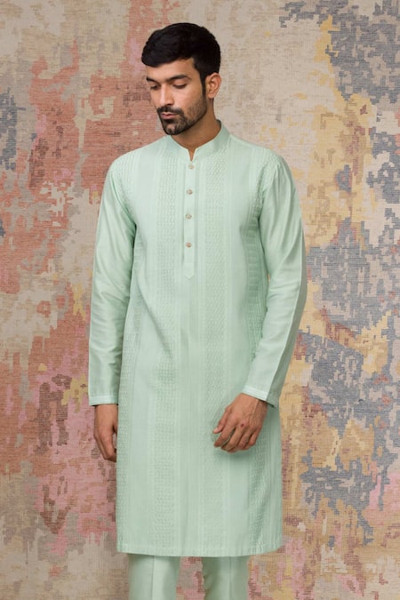 Buy_Devnaagri_Green Cotton Silk Blend Pintuck Kurta And Pant Set  _Online_at_Aza_Fashions