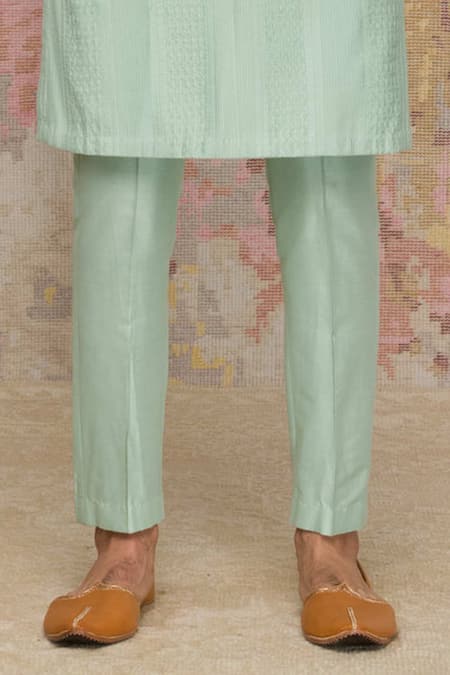 Shop_Devnaagri_Green Cotton Silk Blend Pintuck Kurta And Pant Set  _Online_at_Aza_Fashions