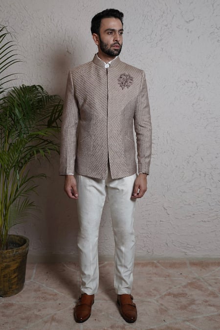 Soniya G_Beige Terry Wool Striped Bandhgala Set _Online_at_Aza_Fashions