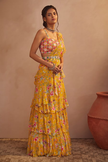 Aneesh Agarwaal Yellow Georgette And Embroidery Floral Pre-draped Saree With Blouse