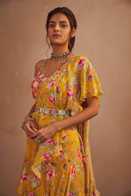 Aneesh Agarwaal_Yellow Georgette Floral Print, Mirror, Sequin And Pre-draped Saree With Blouse _Online_at_Aza_Fashions