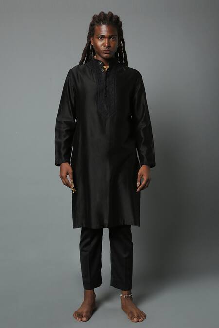 House Of Three_Black Cotton Silk Chanderi Embroidered Chikan Work Kurta  _Online_at_Aza_Fashions