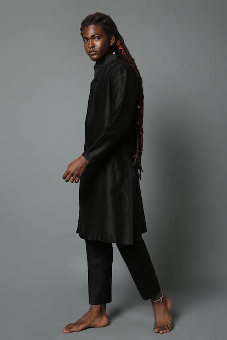 Buy_House Of Three_Black Cotton Silk Chanderi Embroidered Chikan Work Kurta  _Online_at_Aza_Fashions