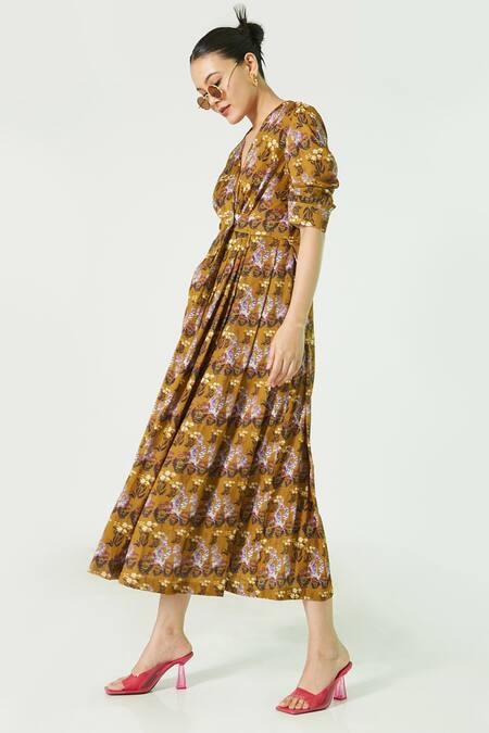 Ekastories_Yellow Cotton V-neck Floozy Printed Dress_Online_at_Aza_Fashions