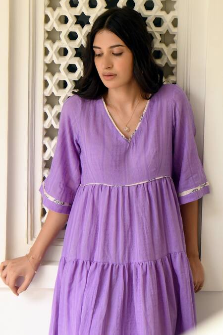 Buy_Taro_Purple Handwoven Cotton V Neck Dress _Online_at_Aza_Fashions