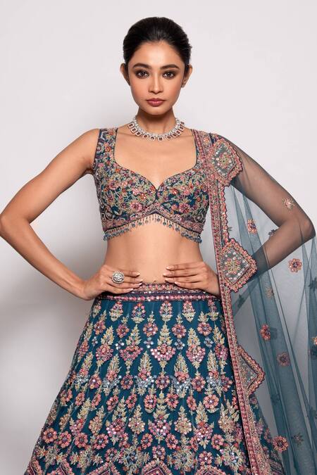 Buy_Pallavi Poddar_Blue Tulle Sequins, Beads, Embroidery Asymmetric Gama Mirror Bridal Lehenga Set _Online_at_Aza_Fashions