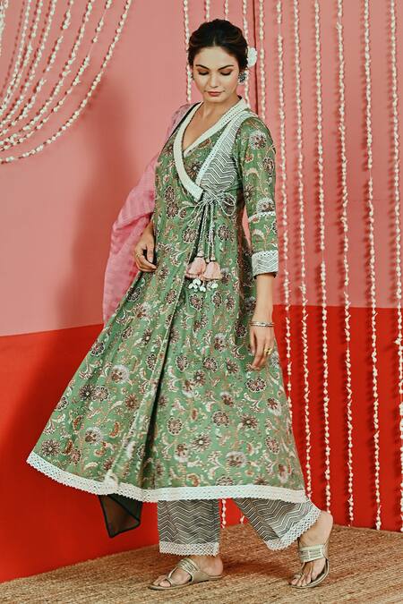 Myaara Green Cotton, Organza Embroidery, Mirrors V-neck Floral Print Anarkali Set at Aza Fashions Myaara_Green Cotton, Organza Embroidery, Mirrors V-neck Floral Print Anarkali Set _at_Aza_Fashions