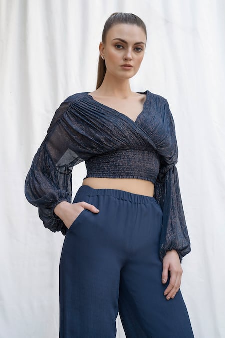 Buy_Amrta By Guneet Kondal_Blue Viscose V-neck Riviera Pleated Top And Pant Set _Online_at_Aza_Fashions