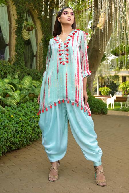 Buy_Disha Kahai_Blue Satin, Silk, Georgette Tassels V-neck Tie-dye Pattern Kurta And Cowl Pant Set_Online_at_Aza_Fashions
